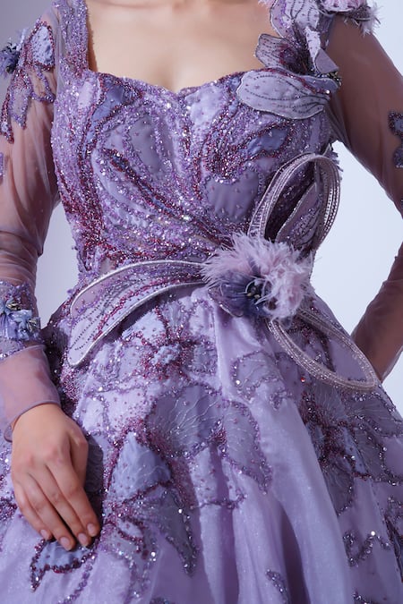 Shop_Aurouss_Purple Tulle, Twill, Organza Feathers, Sequins Periwinkle Embroidered Gown _Online_at_Aza_Fashions