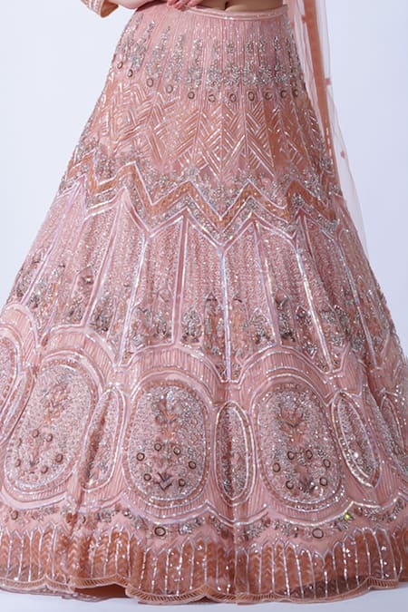 Aurouss Peach Tulle, Crepe Cut Work, Rumi French Fleur Embroidered Bridal Lehenga Set Online at Aza Fashions Aurouss_Peach Tulle, Crepe Cut Work, Rumi French Fleur Embroidered Bridal Lehenga Set _Online_at_Aza_Fashions