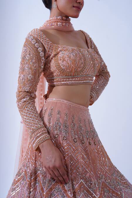Buy Aurouss Peach Tulle, Crepe Cut Work, Rumi French Fleur Embroidered Bridal Lehenga Set Online at Aza Fashions Buy_Aurouss_Peach Tulle, Crepe Cut Work, Rumi French Fleur Embroidered Bridal Lehenga Set _Online_at_Aza_Fashions