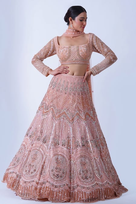 Shop Aurouss Peach Tulle, Crepe Cut Work, Rumi French Fleur Embroidered Bridal Lehenga Set Online at Aza Fashions Shop_Aurouss_Peach Tulle, Crepe Cut Work, Rumi French Fleur Embroidered Bridal Lehenga Set _Online_at_Aza_Fashions