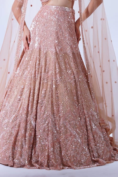 Aurouss_Peach Tulle Pearls, Crystals Jasmine Gullista Encrusted Bridal Lehenga Set _Online_at_Aza_Fashions