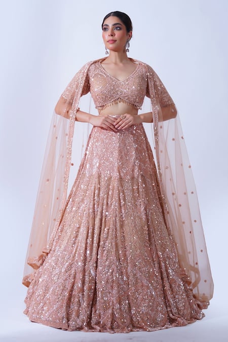 Buy_Aurouss_Peach Tulle Pearls, Crystals Jasmine Gullista Encrusted Bridal Lehenga Set _Online_at_Aza_Fashions