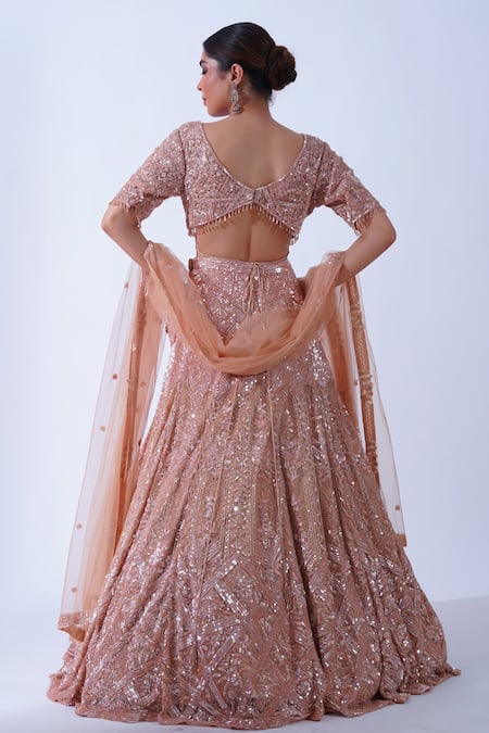 Shop_Aurouss_Peach Tulle Pearls, Crystals Jasmine Gullista Encrusted Bridal Lehenga Set _Online_at_Aza_Fashions