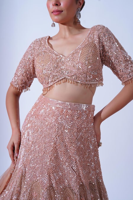 Aurouss_Peach Tulle Pearls, Crystals Jasmine Gullista Encrusted Bridal Lehenga Set _at_Aza_Fashions