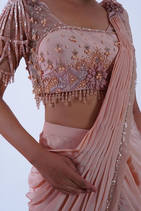 Aurouss Peach Silk, Crepe Pearls, Sequins, Vedika Embellished Border Palazzo Saree Set Online at Aza Fashions Aurouss_Peach Silk, Crepe Pearls, Sequins, Vedika Embellished Border Palazzo Saree Set _Online_at_Aza_Fashions