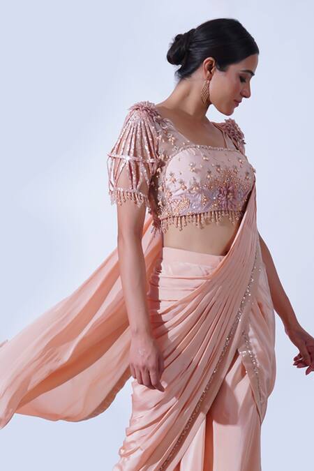 Buy Aurouss Peach Silk, Crepe Pearls, Sequins, Vedika Embellished Border Palazzo Saree Set Online at Aza Fashions Buy_Aurouss_Peach Silk, Crepe Pearls, Sequins, Vedika Embellished Border Palazzo Saree Set _Online_at_Aza_Fashions