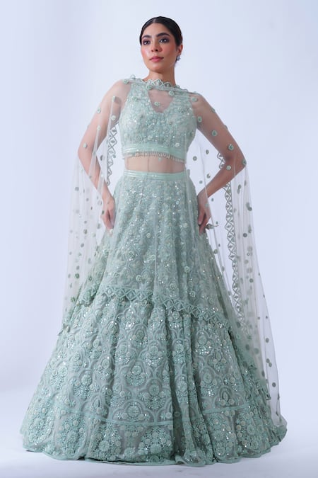 Aurouss Green Tulle Dhaani Sequin Baroque Embellished Bridal Lehenga Set 