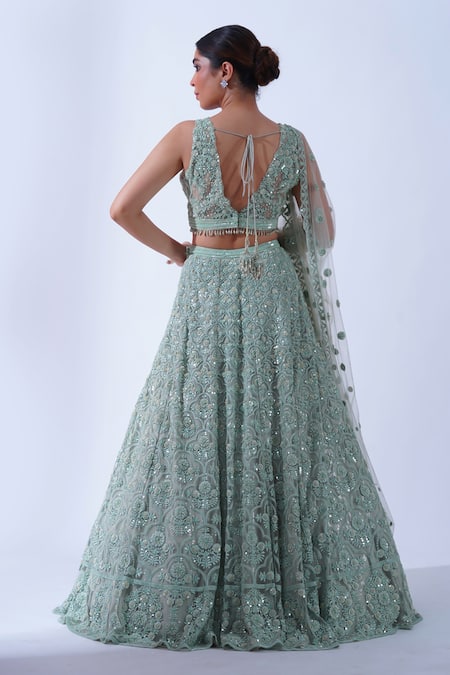 Shop Aurouss Green Tulle, Silk Cut Work, Dhaani Baroque Embellished Bridal Lehenga Set at Aza Fashions Shop_Aurouss_Green Tulle, Silk Cut Work, Dhaani Baroque Embellished Bridal Lehenga Set _at_Aza_Fashions