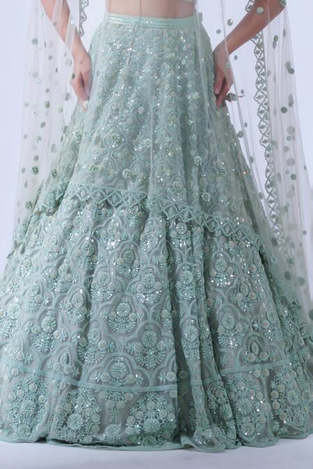 Aurouss Green Tulle, Silk Cut Work, Dhaani Baroque Embellished Bridal Lehenga Set Online at Aza Fashions Aurouss_Green Tulle, Silk Cut Work, Dhaani Baroque Embellished Bridal Lehenga Set _Online_at_Aza_Fashions
