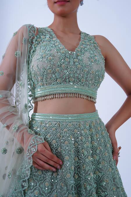 Shop Aurouss Green Tulle, Silk Cut Work, Dhaani Baroque Embellished Bridal Lehenga Set Online at Aza Fashions Shop_Aurouss_Green Tulle, Silk Cut Work, Dhaani Baroque Embellished Bridal Lehenga Set _Online_at_Aza_Fashions
