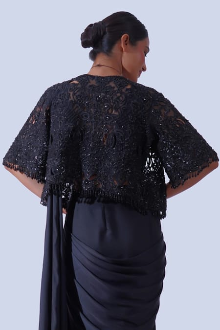 Shop Aurouss Black Crystal Helix Embellished Cutwork Cape at Aza Fashions Shop_Aurouss_Black Crystal Helix Embellished Cutwork Cape _at_Aza_Fashions