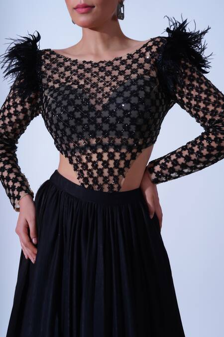 Aurouss Black Sequin And Cutdana Blossom Jaal Bodysuit Online at Aza Fashions Aurouss_Black Sequin And Cutdana Blossom Jaal Bodysuit _Online_at_Aza_Fashions