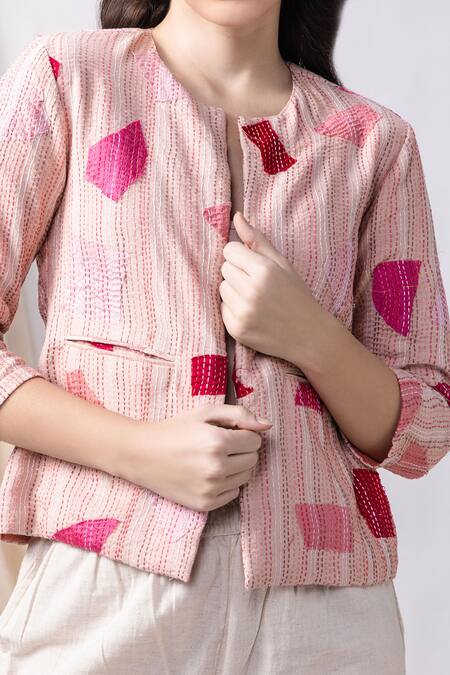 Bihart Pink Handloom , Embroidery Open Neck Sujani Threadwork Jacket Online at Aza Fashions Bihart_Pink Handloom , Embroidery Open Neck Sujani Threadwork Jacket _Online_at_Aza_Fashions