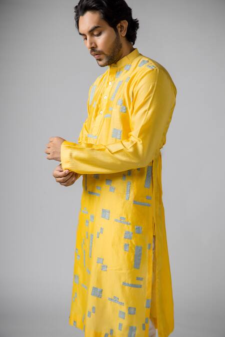 Bihart_Yellow Cotton, Silk Patchwork Kurta _Online_at_Aza_Fashions