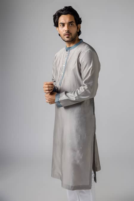 Shop Bihart Grey Cotton, Silk Embroidery Placed Threadwork Kurta at Aza Fashions Shop_Bihart_Grey Cotton, Silk Embroidery Placed Threadwork Kurta _at_Aza_Fashions