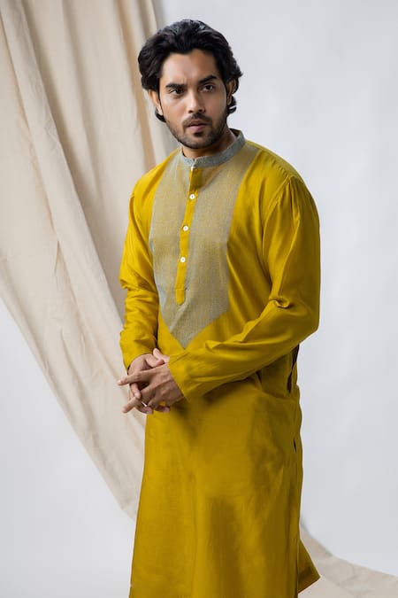 Shop Bihart Yellow Cotton, Silk Embroidery Sujani Threadwork Placket Kurta at Aza Fashions Shop_Bihart_Yellow Cotton, Silk Embroidery Sujani Threadwork Placket Kurta _at_Aza_Fashions