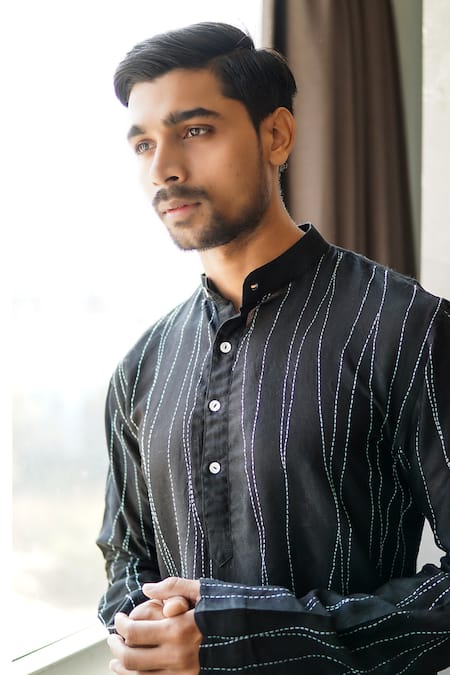 Shop Bihart Black Cotton, Silk Embroidery Asymmetric Stripe Threadwork Kurta at Aza Fashions Shop_Bihart_Black Cotton, Silk Embroidery Asymmetric Stripe Threadwork Kurta _at_Aza_Fashions