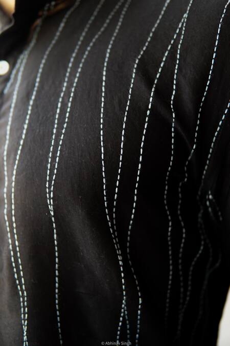 Bihart Black Cotton, Silk Embroidery Asymmetric Stripe Threadwork Kurta Online at Aza Fashions Bihart_Black Cotton, Silk Embroidery Asymmetric Stripe Threadwork Kurta _Online_at_Aza_Fashions
