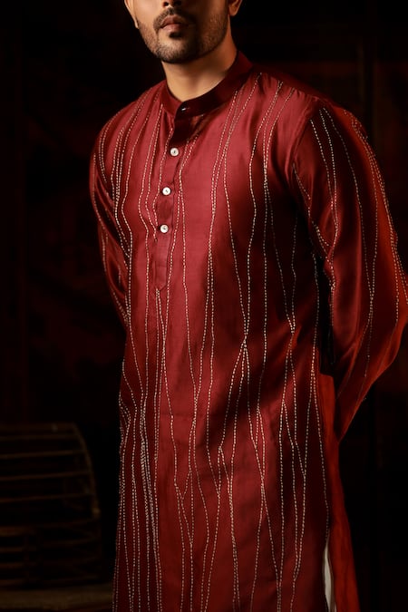 Shop Bihart Red Cotton, Silk Embroidery Asymmetric Stripe Kurta at Aza Fashions Shop_Bihart_Red Cotton, Silk Embroidery Asymmetric Stripe Kurta _at_Aza_Fashions