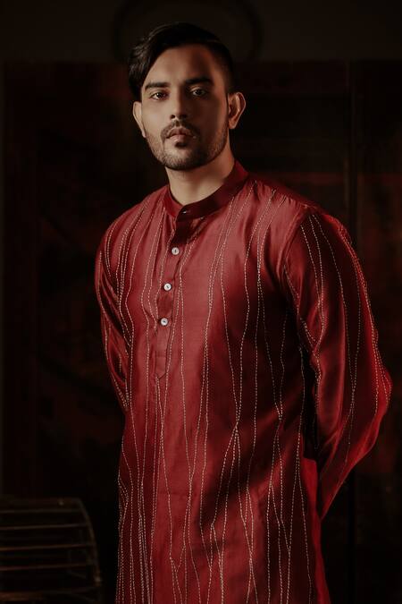 Bihart Red Cotton, Silk Embroidery Asymmetric Stripe Kurta Online at Aza Fashions Bihart_Red Cotton, Silk Embroidery Asymmetric Stripe Kurta _Online_at_Aza_Fashions