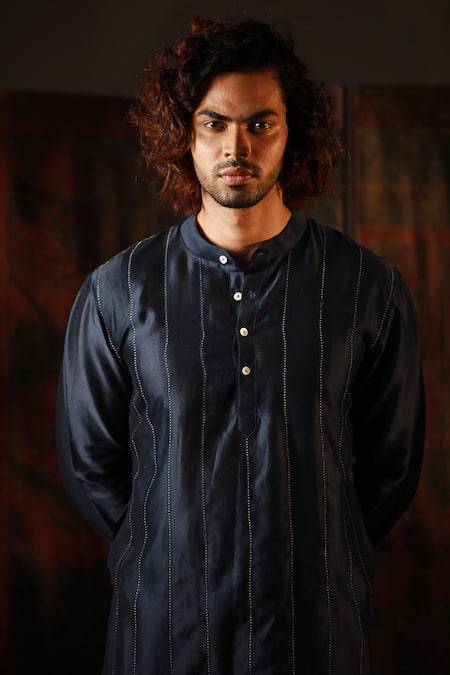 Shop Bihart Blue Cotton, Silk Embroidery Stripe Kurta at Aza Fashions Shop_Bihart_Blue Cotton, Silk Embroidery Stripe Kurta _at_Aza_Fashions