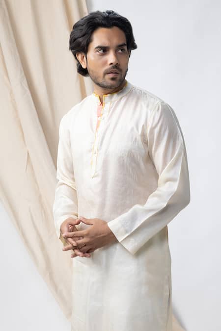Shop Bihart Off White Tussar Embroidery Threadwork Placement Kurta at Aza Fashions Shop_Bihart_Off White Tussar Embroidery Threadwork Placement Kurta _at_Aza_Fashions