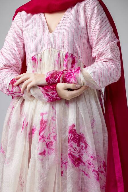 Bihart_Off White , Silk, Satin, Organza Tie-dye Anarkali Trouser Set _Online_at_Aza_Fashions