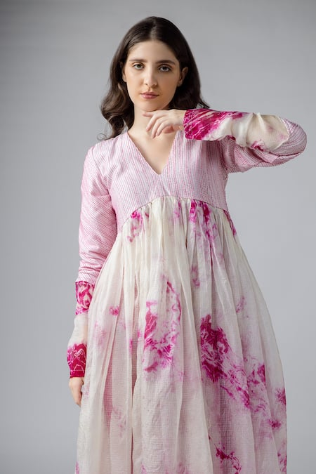 Buy_Bihart_Off White , Silk, Satin, Organza Tie-dye Anarkali Trouser Set _Online_at_Aza_Fashions