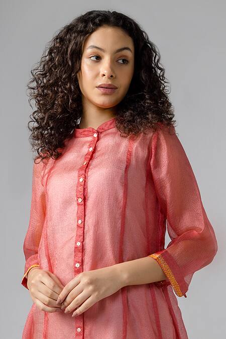 Bihart Peach Kota Doria, Tussar, Cotton, Silk Threadwork Anarkali Jacket Trouser Set Online at Aza Fashions Bihart_Peach Kota Doria, Tussar, Cotton, Silk Threadwork Anarkali Jacket Trouser Set _Online_at_Aza_Fashions