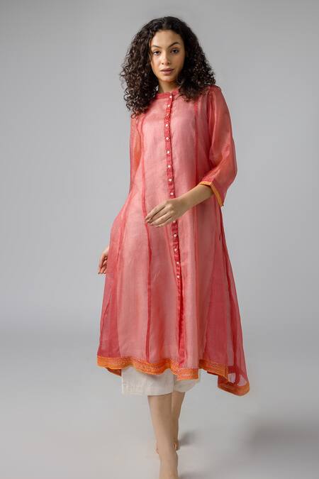Buy Bihart Peach Kota Doria, Tussar, Cotton, Silk Threadwork Anarkali Jacket Trouser Set Online at Aza Fashions Buy_Bihart_Peach Kota Doria, Tussar, Cotton, Silk Threadwork Anarkali Jacket Trouser Set _Online_at_Aza_Fashions