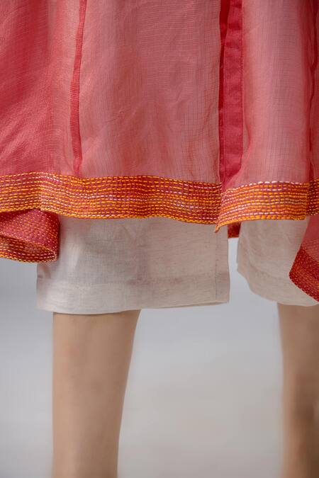 Shop Bihart Peach Kota Doria, Tussar, Cotton, Silk Threadwork Anarkali Jacket Trouser Set Online at Aza Fashions Shop_Bihart_Peach Kota Doria, Tussar, Cotton, Silk Threadwork Anarkali Jacket Trouser Set _Online_at_Aza_Fashions