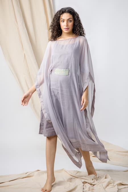 Shop Bihart Grey Cotton, Silk Embroidery Round Neck Flared Kaftan Set at Aza Fashions Shop_Bihart_Grey Cotton, Silk Embroidery Round Neck Flared Kaftan Set _at_Aza_Fashions