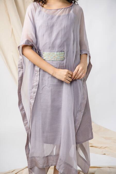 Bihart Grey Cotton, Silk Embroidery Round Neck Flared Kaftan Set Online at Aza Fashions Bihart_Grey Cotton, Silk Embroidery Round Neck Flared Kaftan Set _Online_at_Aza_Fashions