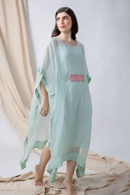 Shop Bihart Green Cotton, Tussar Embroidery Round Neck Flared Kaftan at Aza Fashions Shop_Bihart_Green Cotton, Tussar Embroidery Round Neck Flared Kaftan _at_Aza_Fashions