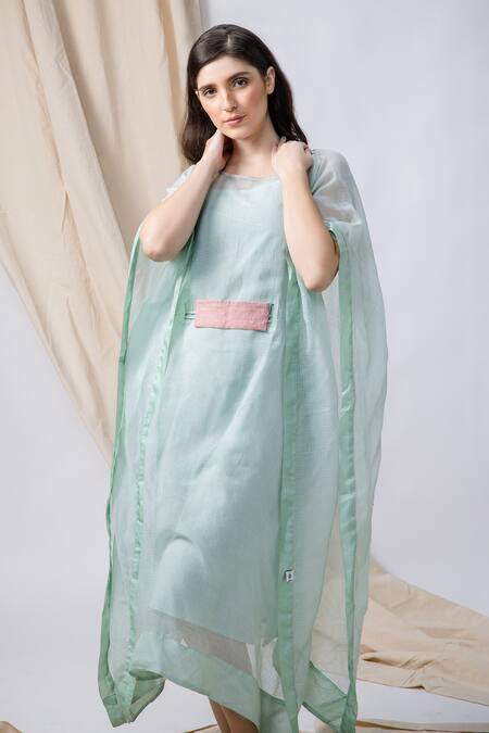 Bihart Green Cotton, Tussar Embroidery Round Neck Flared Kaftan Online at Aza Fashions Bihart_Green Cotton, Tussar Embroidery Round Neck Flared Kaftan _Online_at_Aza_Fashions
