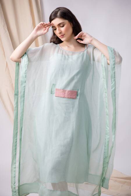 Buy Bihart Green Cotton, Tussar Embroidery Round Neck Flared Kaftan Online at Aza Fashions Buy_Bihart_Green Cotton, Tussar Embroidery Round Neck Flared Kaftan _Online_at_Aza_Fashions