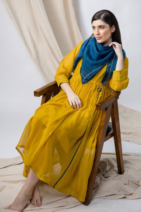 Bihart_Yellow Cotton, Silk Round Neck Solid Fit And Flare Dress _Online_at_Aza_Fashions