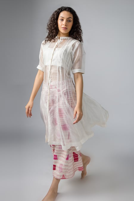 Shop Bihart Off White Kota Doria, Cotton, Silk, Sheer Anarkali Set With Threadwork Trouser at Aza Fashions Shop_Bihart_Off White Kota Doria, Cotton, Silk, Sheer Anarkali Set With Threadwork Trouser _at_Aza_Fashions