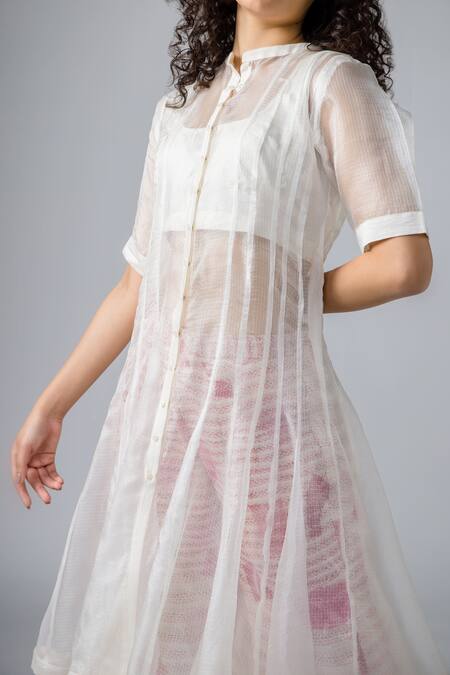 Bihart Off White Kota Doria, Cotton, Silk, Sheer Anarkali Set With Threadwork Trouser Online at Aza Fashions Bihart_Off White Kota Doria, Cotton, Silk, Sheer Anarkali Set With Threadwork Trouser _Online_at_Aza_Fashions