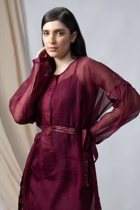 Bihart_Wine Kota Doria, Tussar Round Neck Solid Sheer Dress _Online_at_Aza_Fashions
