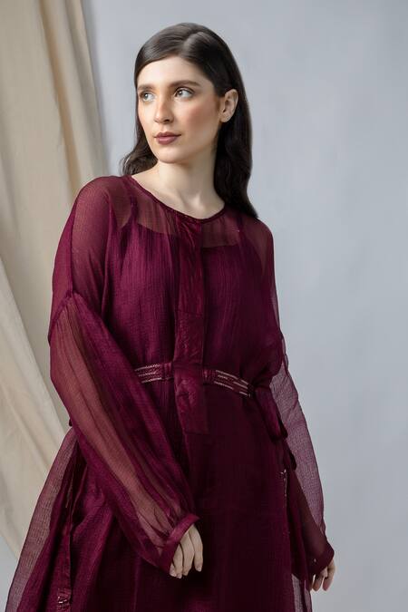 Buy_Bihart_Wine Kota Doria, Tussar Round Neck Solid Sheer Dress _Online_at_Aza_Fashions