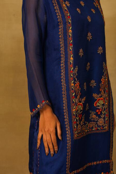 Neha Poddar Blue Organza, Silk Diamonds, Embroidery Round Neck Floral Kurta Pant Set Online at Aza Fashions Neha Poddar_Blue Organza, Silk Diamonds, Embroidery Round Neck Floral Kurta Pant Set _Online_at_Aza_Fashions