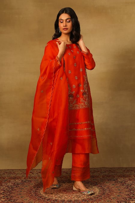 Neha Poddar Orange Kurta Organza Embroidery Floral Round Neck Bloom Pant Set 