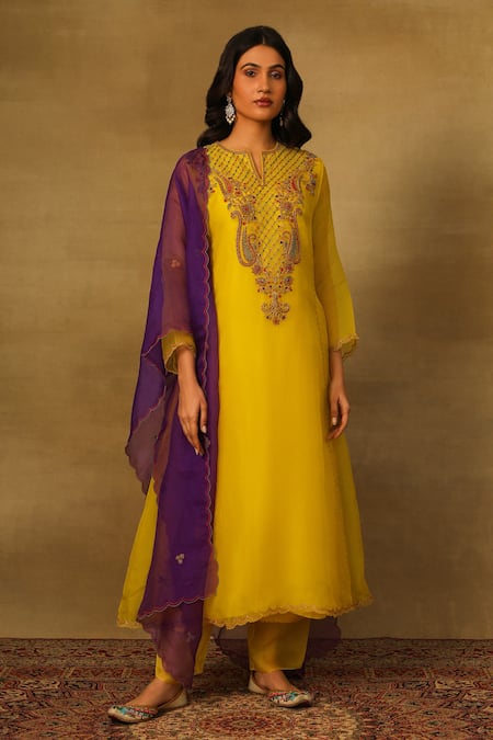 Neha Poddar Yellow Kurta And Dupatta Organza Embroidery Paisley Notched Neck Pant Set 