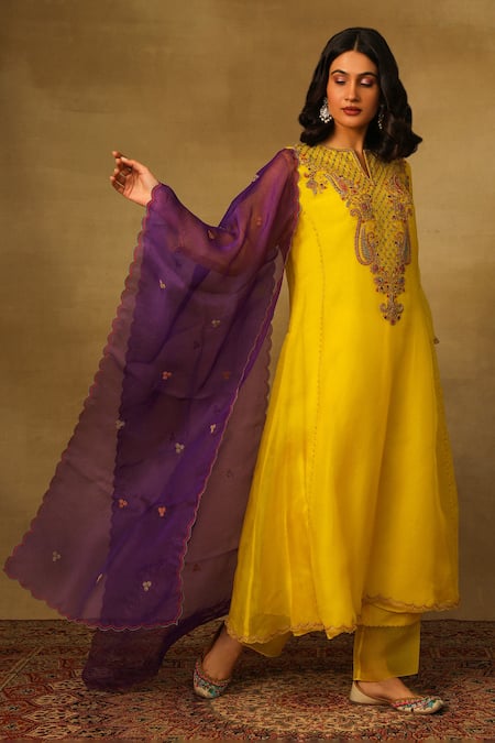 Neha Poddar_Yellow Organza, Silk Embroidery Collared Paisley Kurta Set _Online_at_Aza_Fashions
