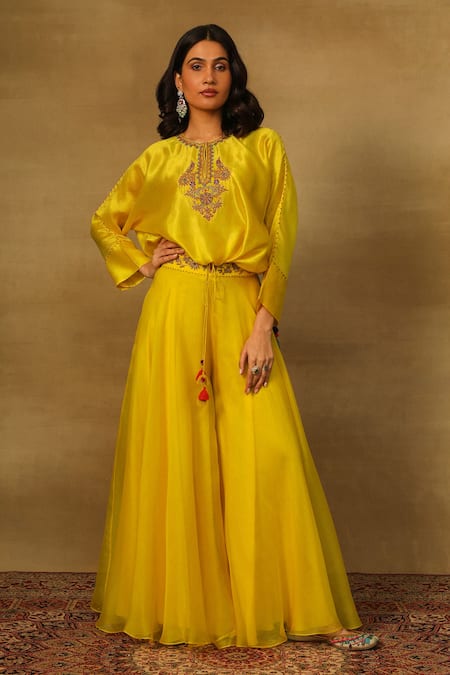 Neha Poddar Yellow Top Dupion Silk Embroidery Dabka Round Neck Yoke With Sharara 