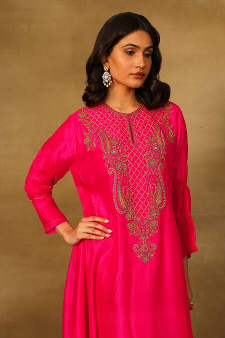 Neha Poddar_Pink Dupion Silk Embroidery Dabka Round Neck Paisley Asymmetric Tunic _Online_at_Aza_Fashions