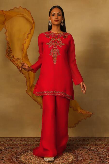 Buy_Neha Poddar_Red Organza Diamonds, Embroidery Round Neck Floral Kurta Flared Pant Set _Online_at_Aza_Fashions