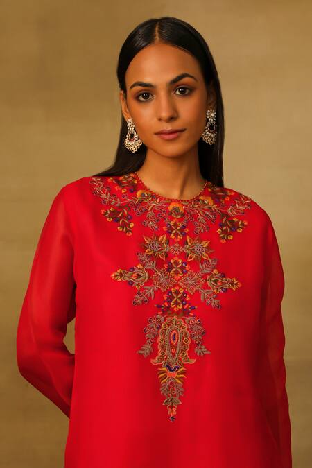 Shop_Neha Poddar_Red Organza Diamonds, Embroidery Round Neck Floral Kurta Flared Pant Set _Online_at_Aza_Fashions