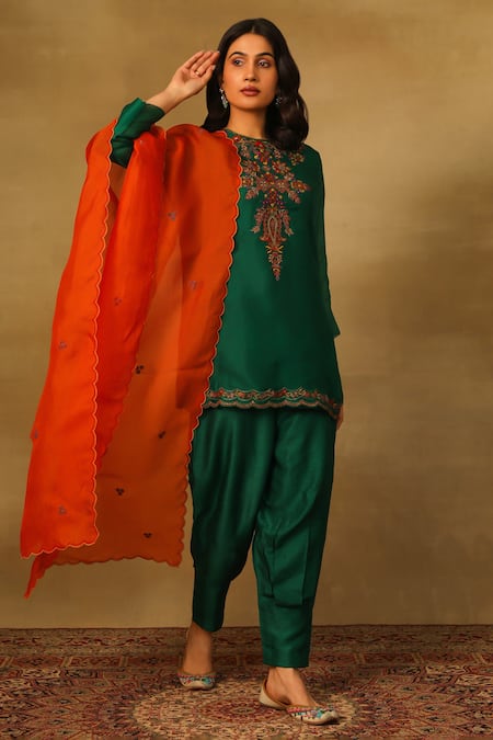 Neha Poddar Green Kurta And Dupatta Organza Embroidery Dabka Round Flower Pleated Pant Set 